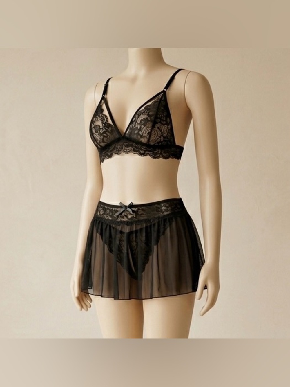 Avid Love 3 Piece Lingerie Set Lace Bra Crotchless Panty Sheer Skirt Size M